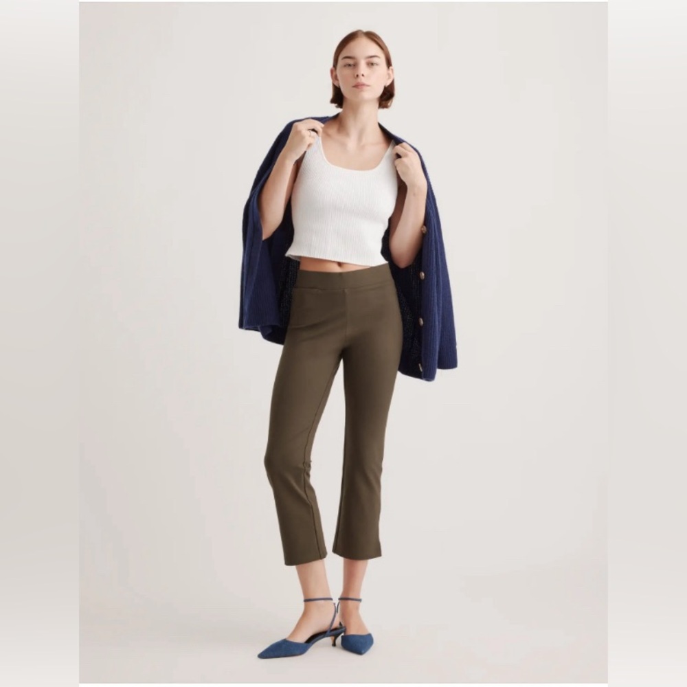 Quince stretch ponte kick flare pants, size L, olive green